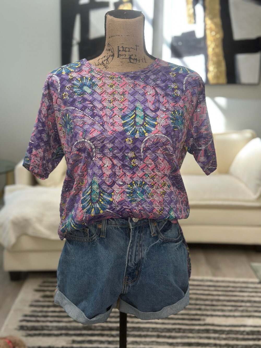 You Lim U.S.A. Vintage Purple Paisley Metallic Short Sleeve Top